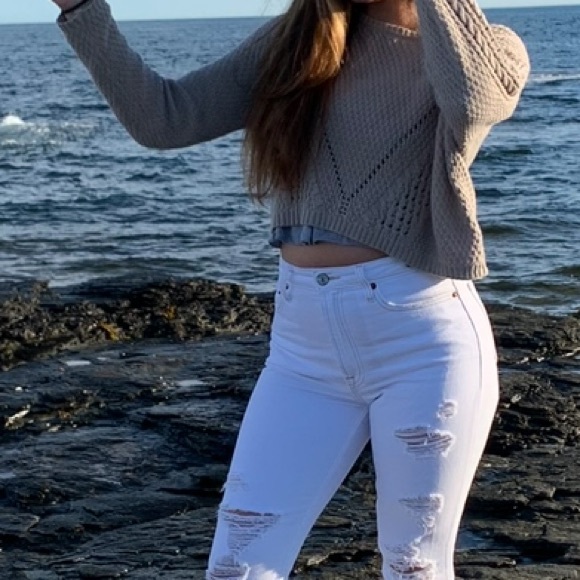 Cute cropped detailed beige sweater top soft comfy flowy oversized - Picture 2 of 5